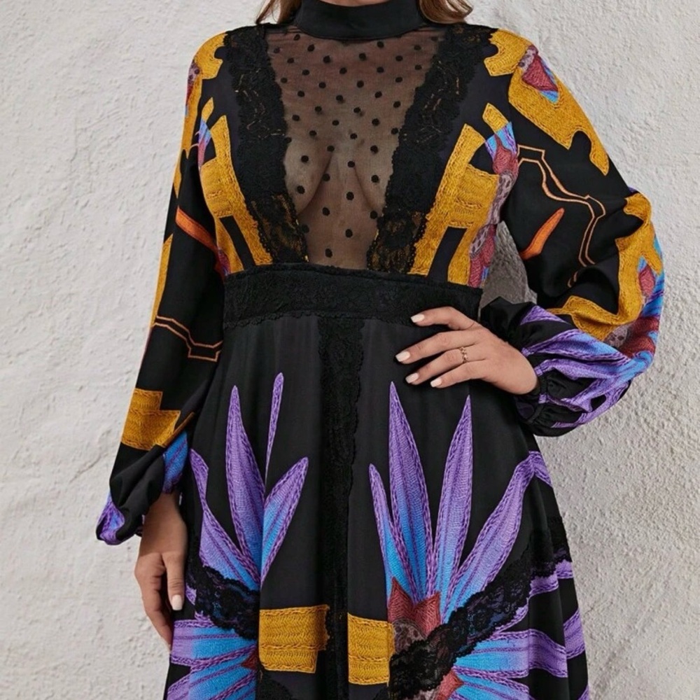 ISELACOS x SHEIN floral maxi mock neck cut out dress mesh deep v neck 2x 2xl 20 - Picture 3 of 13